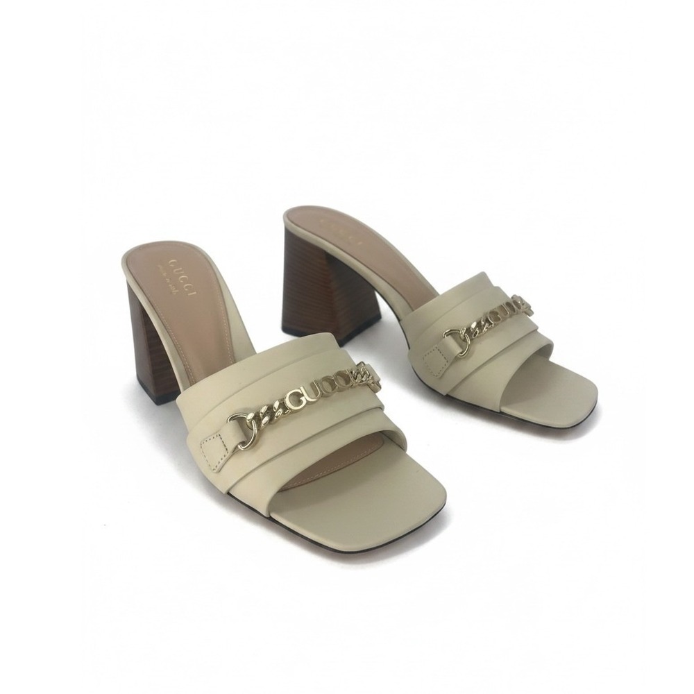 Gucci Signoria‎ Slide Sandals White Leather Chain Heels Size 38